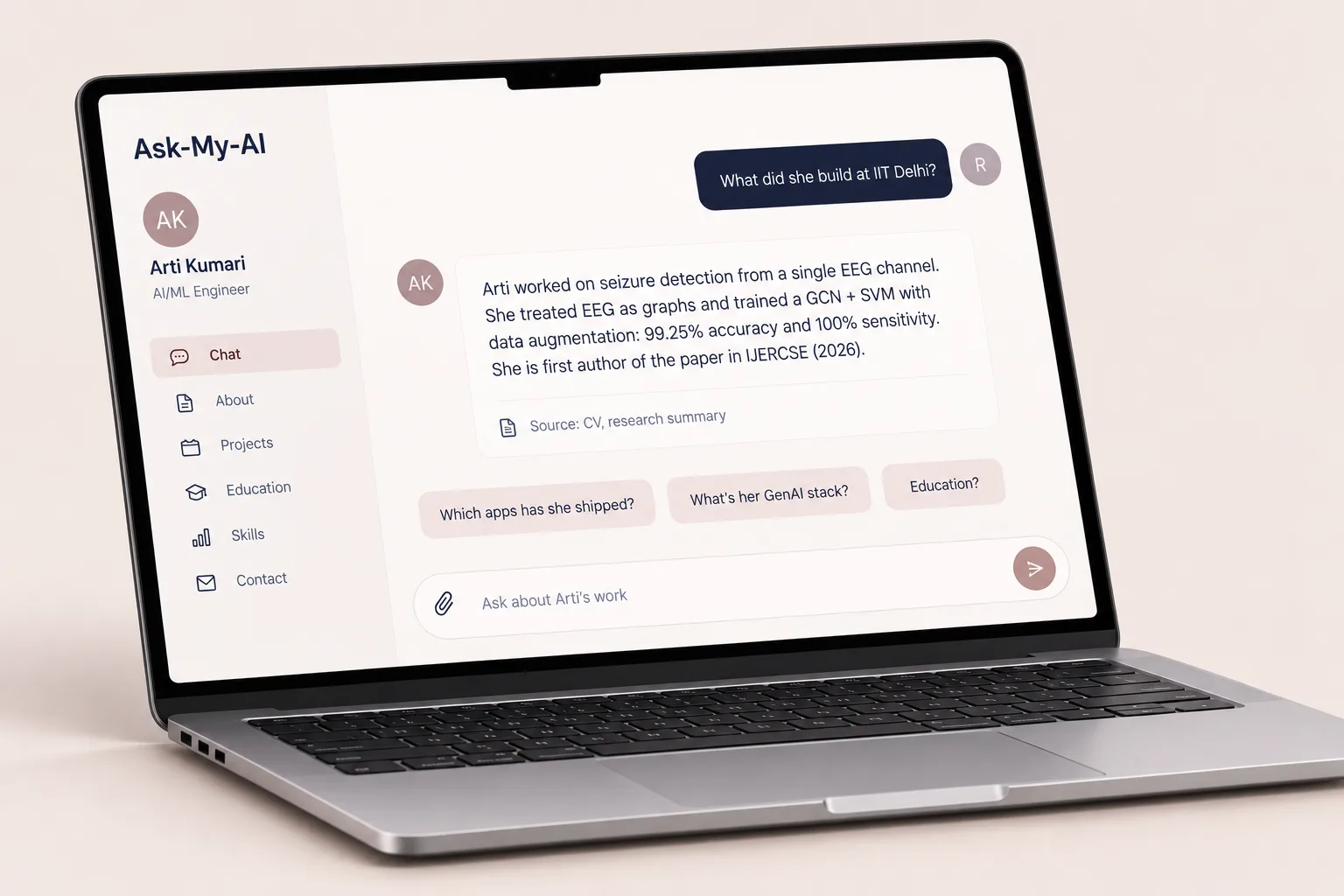 A laptop showing a calm chat interface answering a question