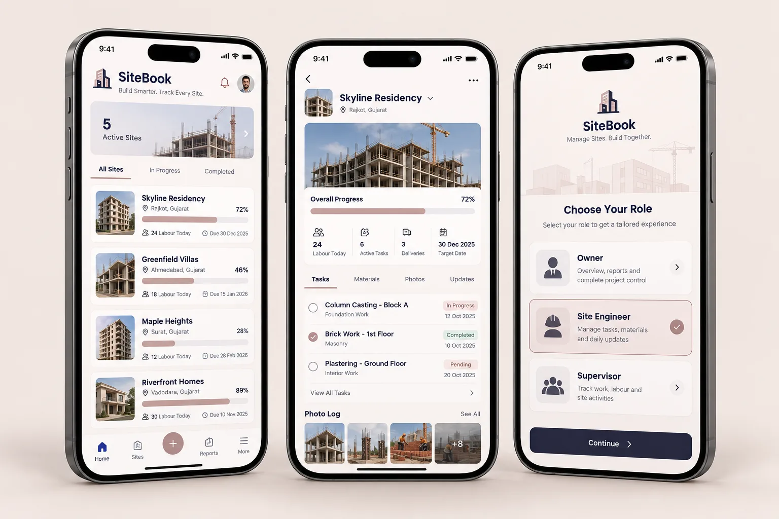 Three phones showing a construction management app
