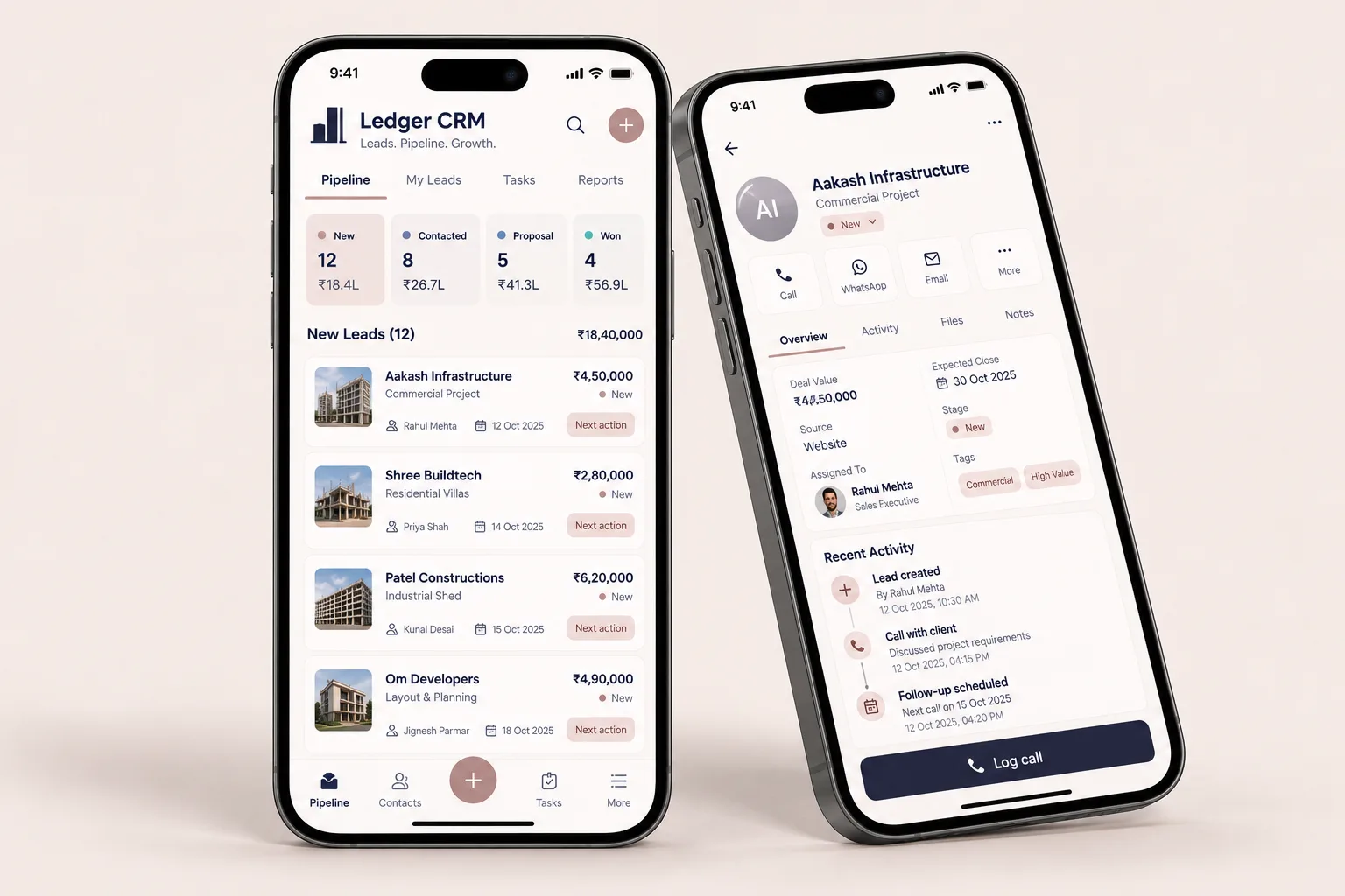 Phones showing a mobile CRM pipeline and lead detail