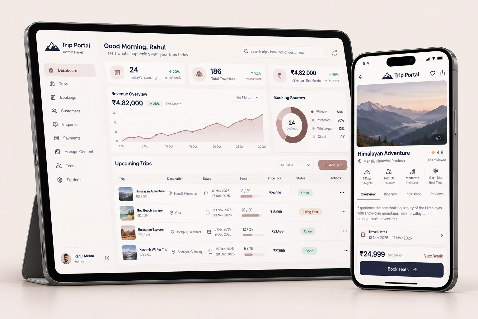 A tablet with a trip admin dashboard next to a phone with a customer travel app